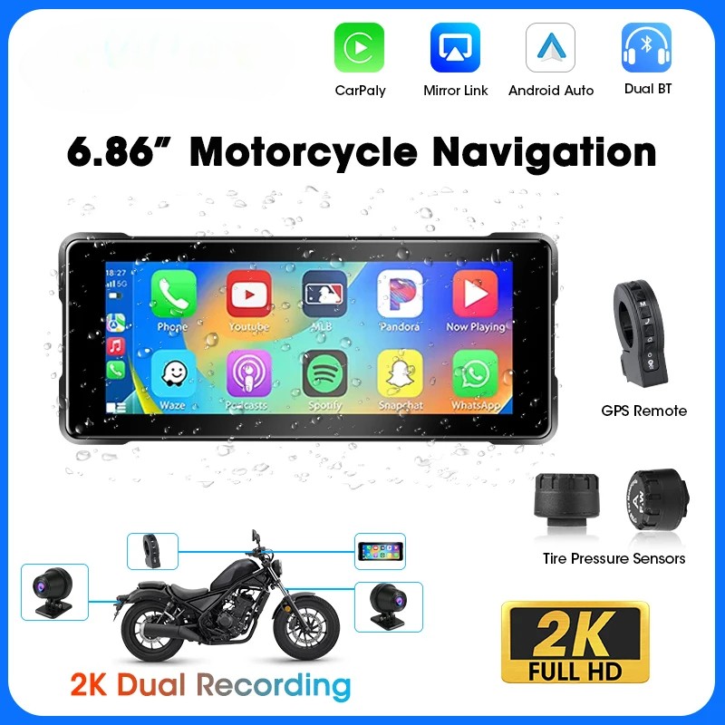 Portable 6.86 inch Motorcycle DVR GPS Navigation 2K Camera Wireless Android