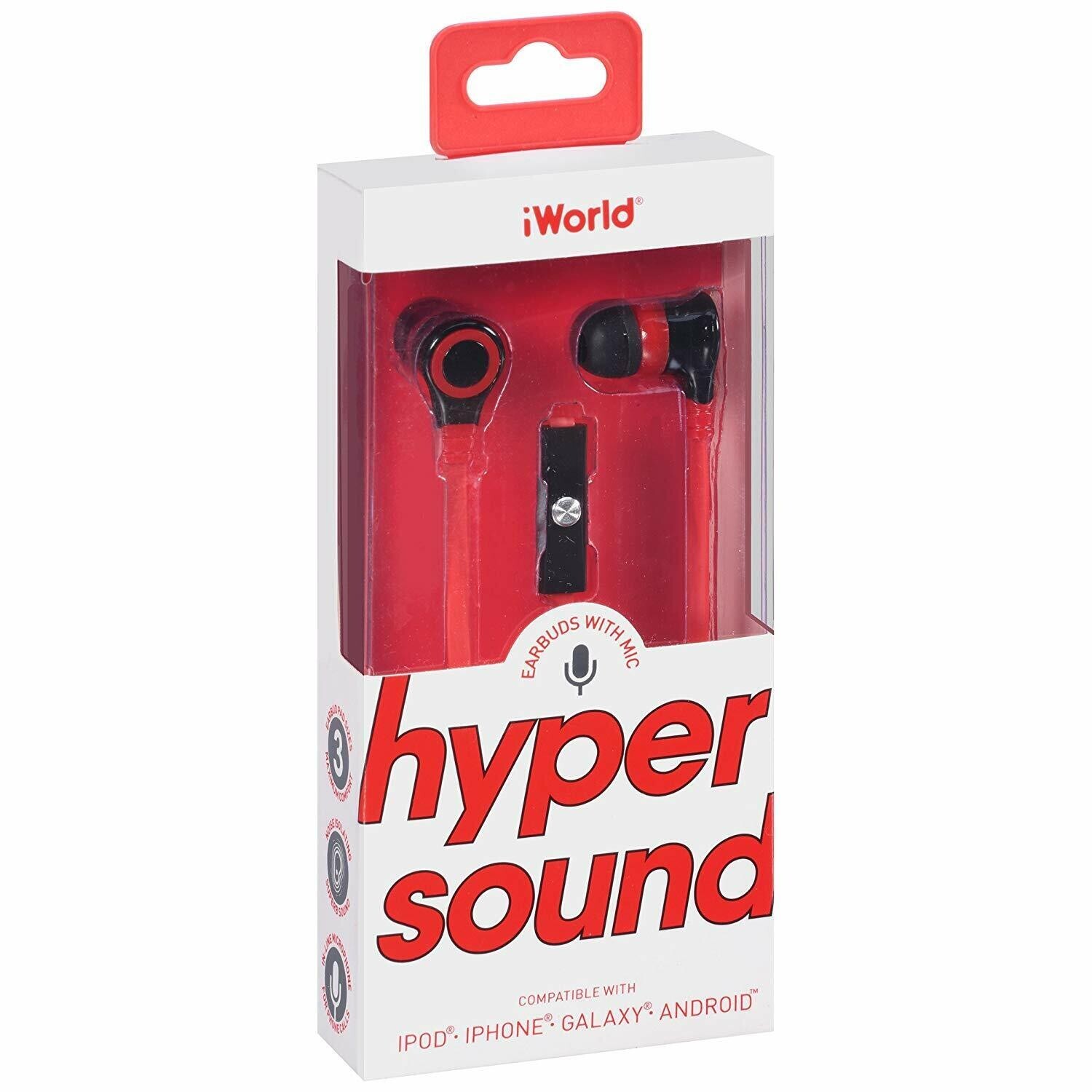 iWorld Hyper Sound Earbuds with Mic 1 Smartphone Stereo Headsets Color: Red