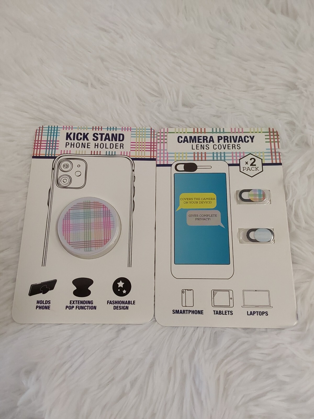 Smartphone Accessories Kickstand Phone Holder & Camera Lens Covers Pastel Plaid