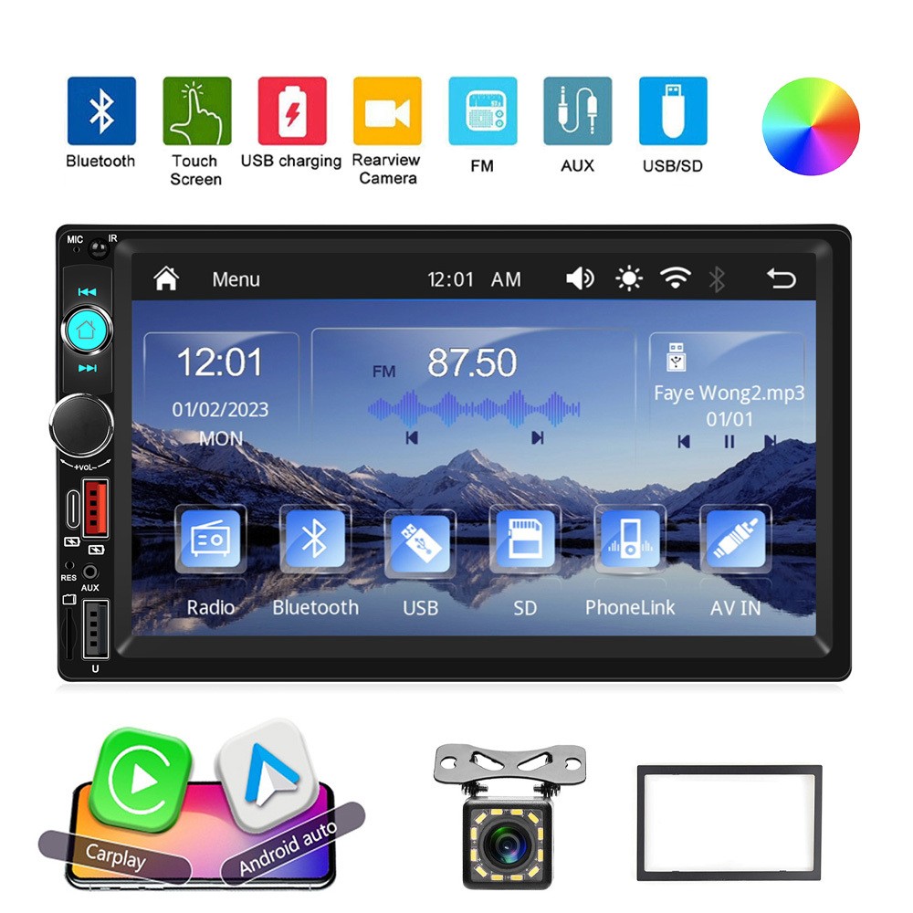 7″ Wireless Carplay Double 2 DIN Car MP5 Player BT USB Stereo Radio With Camera