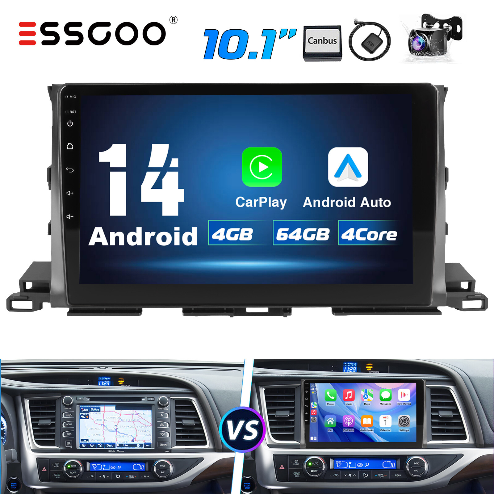 Android 14 Carplay Car Stereo For Toyota Highlander 2015-2019 4+64G GPS NAV Cam