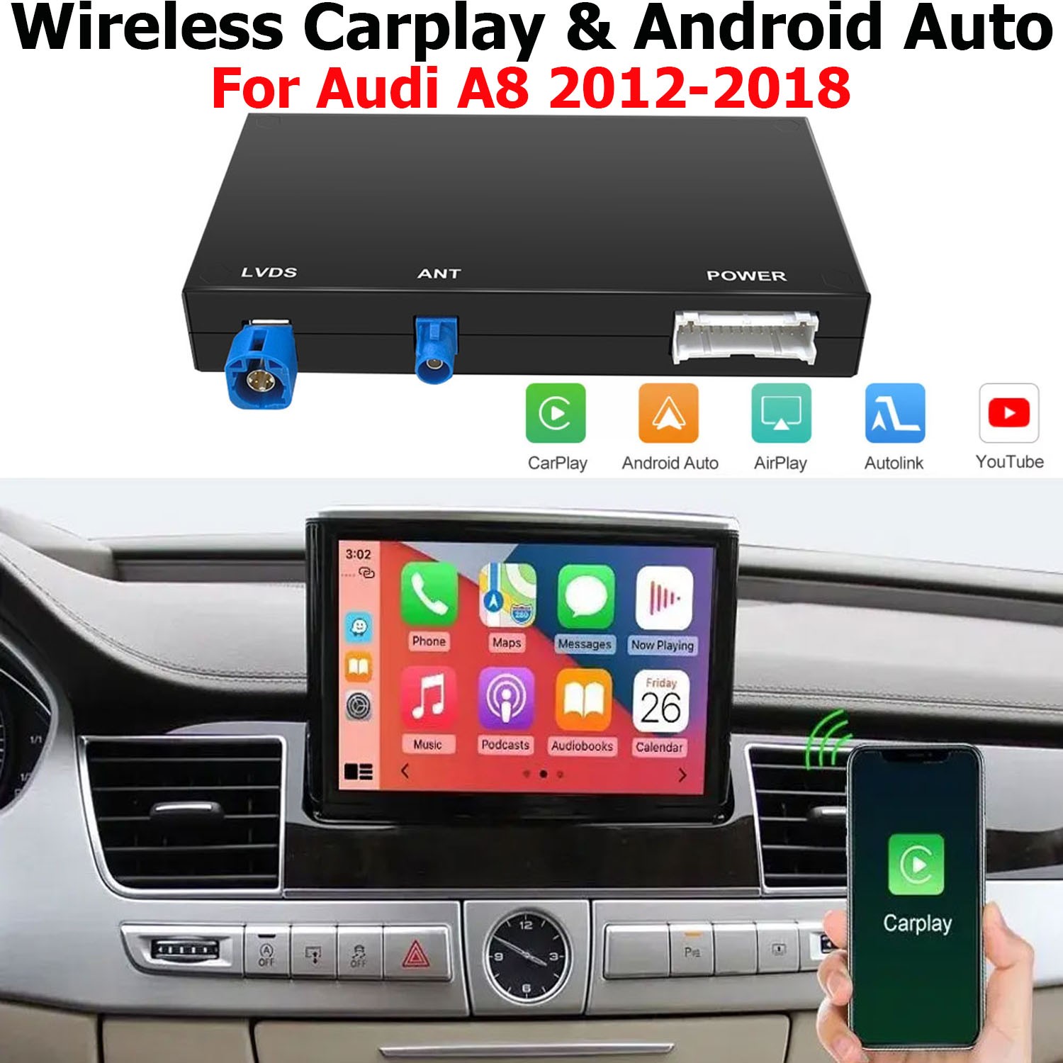 Wireless Carplay Android Auto Decoder Kit Mirror Link For Audi A8 2012-2018