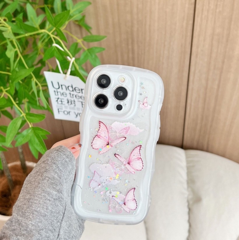 Glitter clear cover phone case For iPhone 16 15 Pro painted butterfly large wave