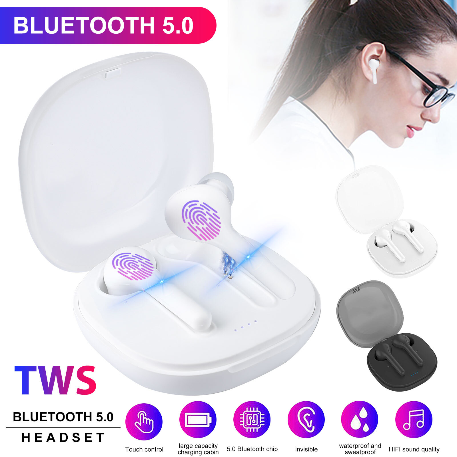 TWS Bluetooth 5.0 Headset Wireless Touch Earphones Mini Earbuds Stereo Headphone