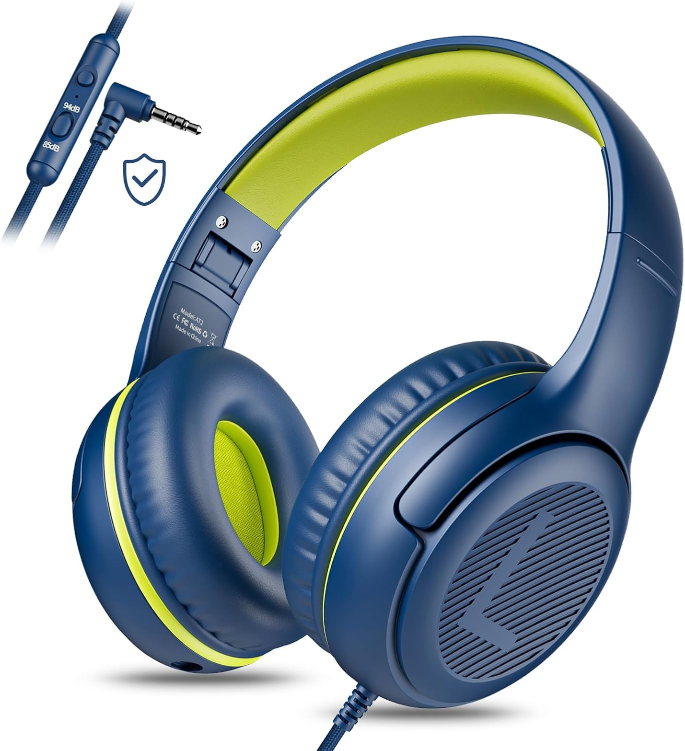 Kids Wired Headphones with Microphone – Volume Control for Ages 3+ Blue/Green