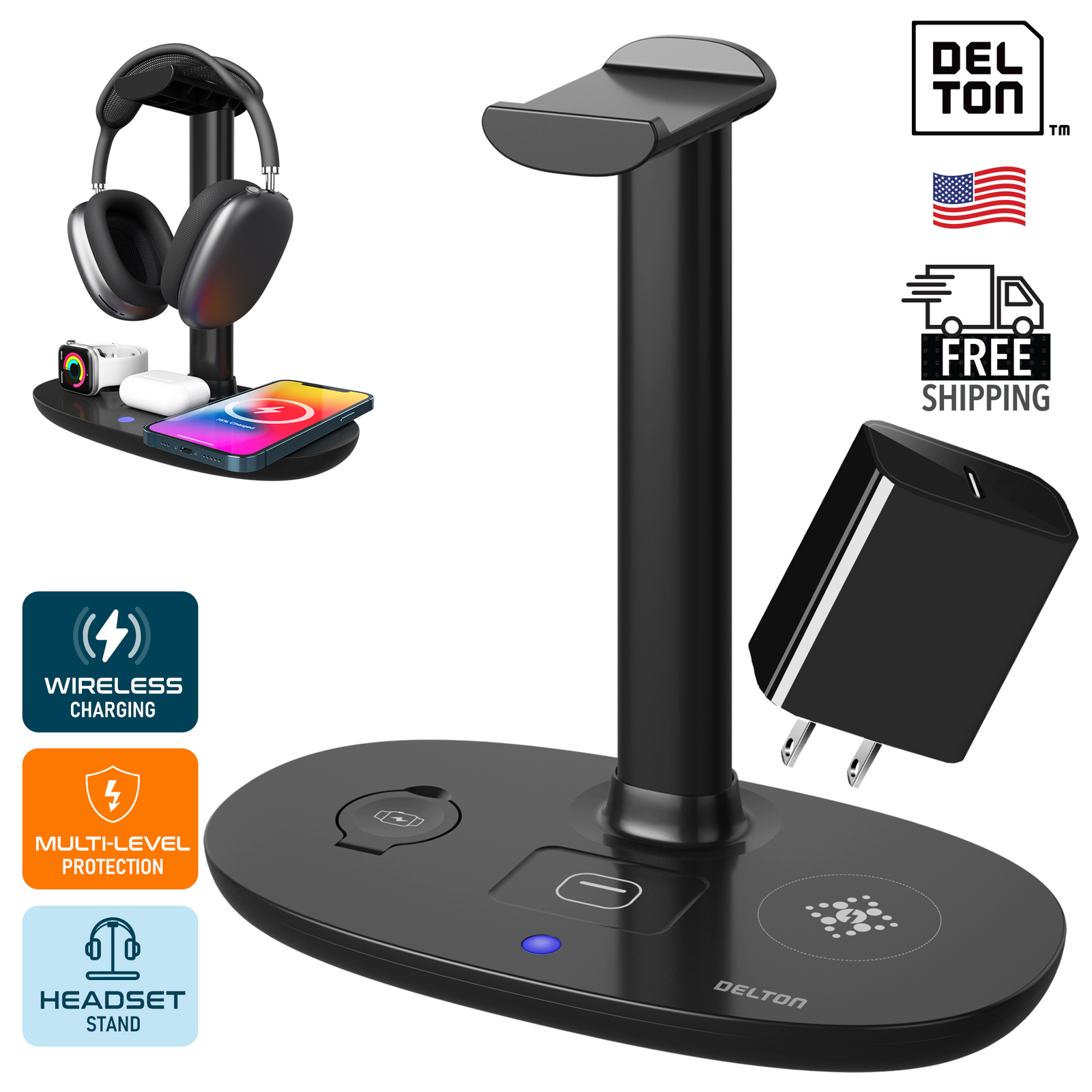 Delton HS1 Wireless Charging Station with Headset Stand and USB-C Adapter- Black