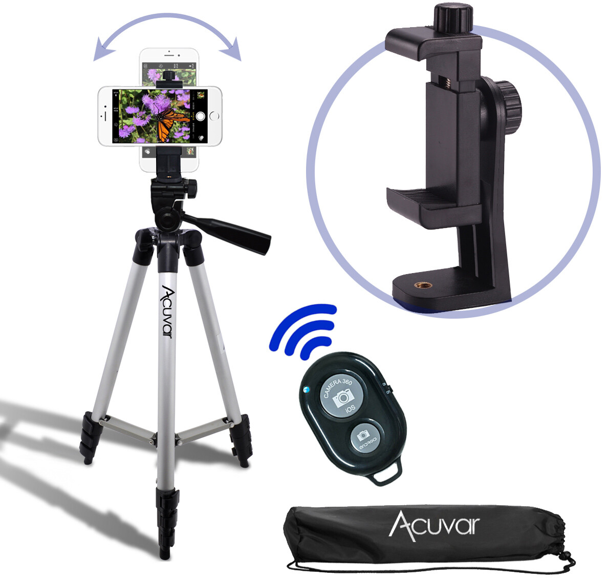 50″ Tripod for Phone with 360° Rotating Holder & Bluetooth Remote  Universal Fit