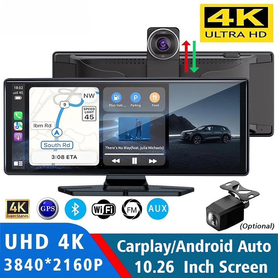 10.26″ 4K 2160P Dash Cam Carplay Android Auto GPS 5G WIFI FM BT Car DVR Camera