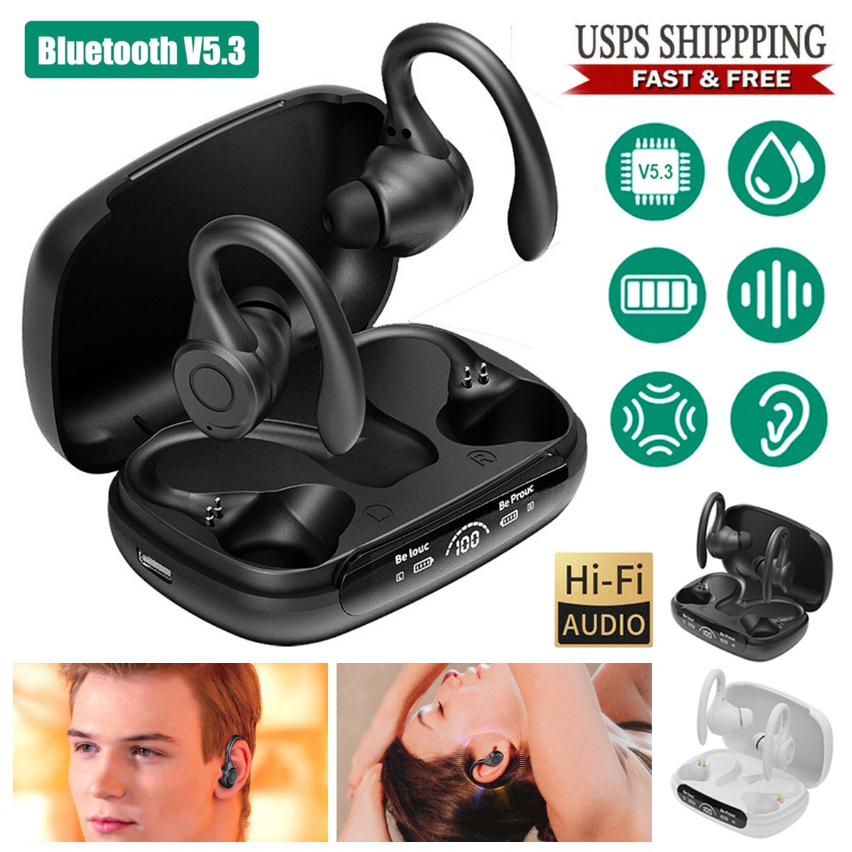 Wireless TWS Earphones Earbuds Bluetooth 5.3 Headset Stereo Headphones Ear Hook*
