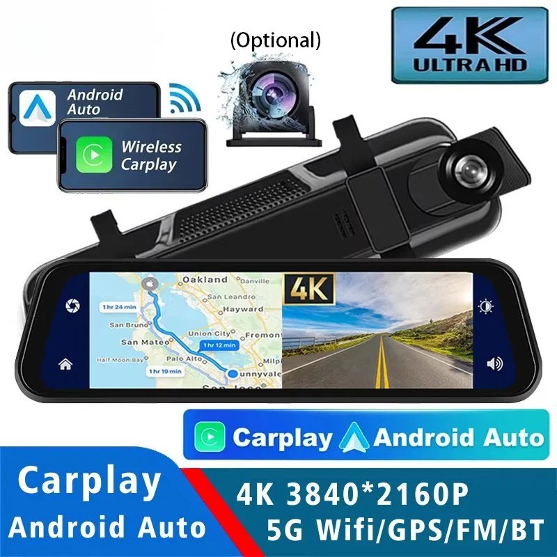 Dash Cam 4K 2160P Car Dvr Carplay Android Auto Stream Rear View Drive Recorder