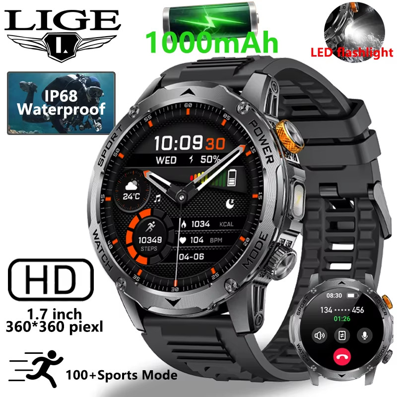 New 1000Mah Big Battery Smart Watch Men LED Flashlight Bluetooth Call IP68 Water