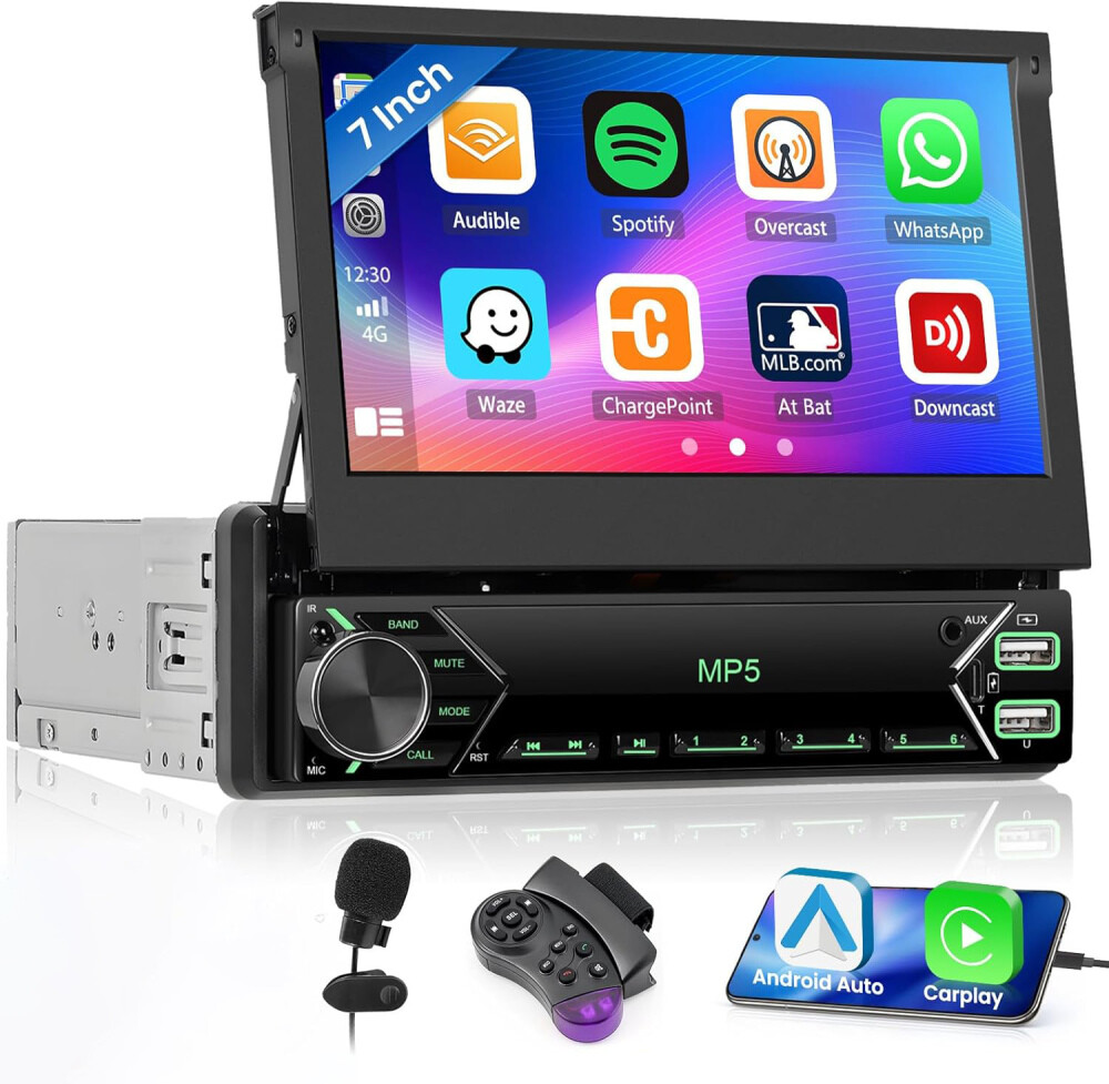 Single 1DIN 7″ Car Stereo Apple Carplay Android Auto GPS Flip Out Screen Radio