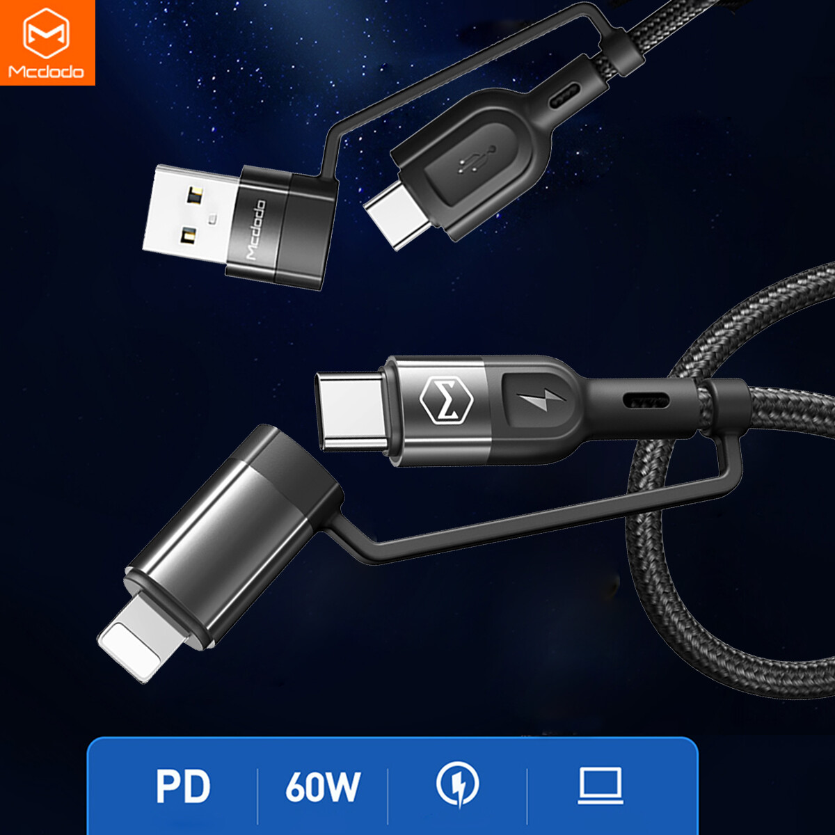 4in1 60W PD Cable Charger Cord for iPhone 16 15 14 13 12 Samsung S25 S24 S23 S22