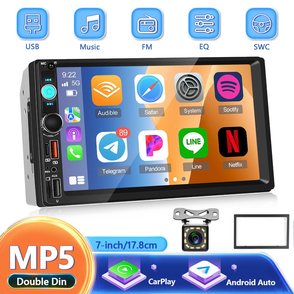 7″  Touch Screen 2 DIN Car MP5 Player Wireless Carplay Stereo Radio With Camera