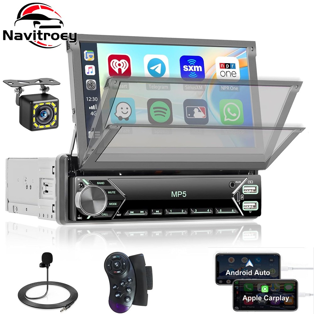 7″ Single 1 DIN Flip out Touch Screen Car Stereo Radio Bluetooth Carplay +Camera