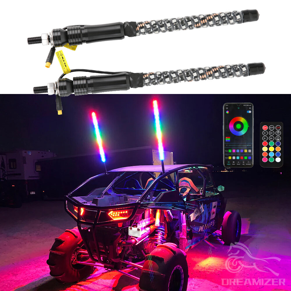 Pair 1FT RGB LED Whip Spiral Lights Antenna for ATV UTV Polaris RZR XP Turbo