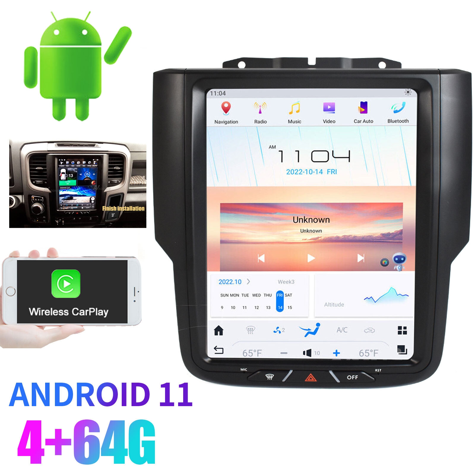 10.5-inch 4+64G Car Radio GPS Navi CarPlay Fit For 2013-2019 Dodge Ram 1500 2500