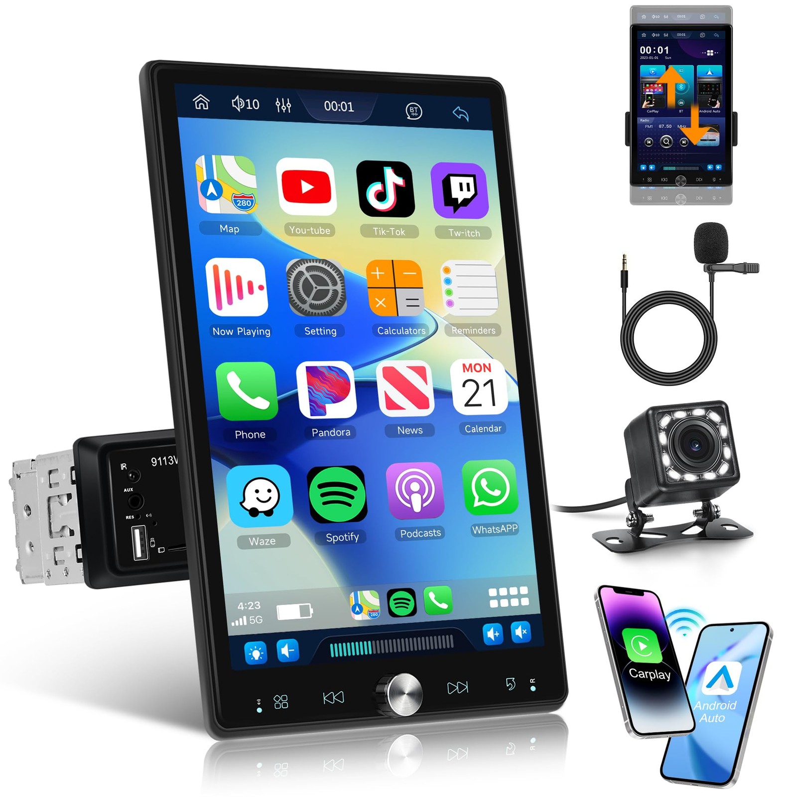 10.4 Inch Car Stereo Single Din Touch Screen Wireless Carplay, Vertical Detac…