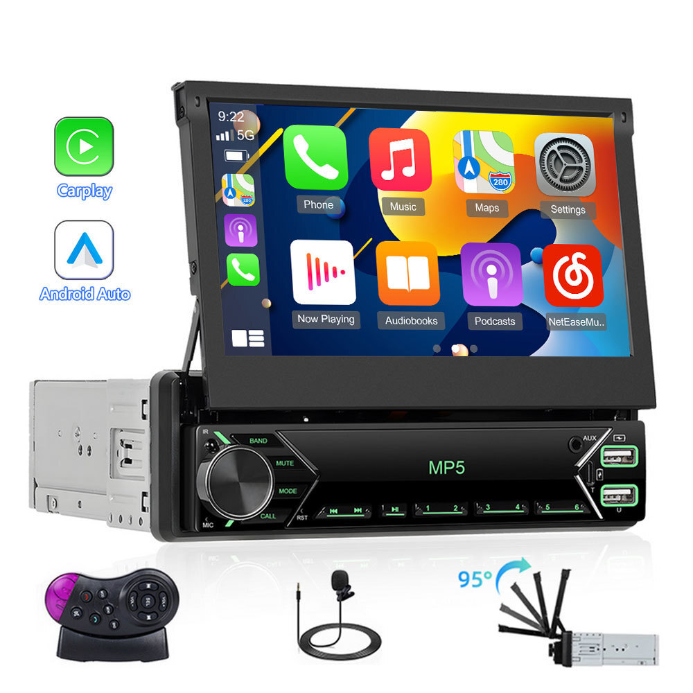 Single 1DIN 7″ Car Radio Stereo Carplay Touch Screen Flip out Player Bluetooth