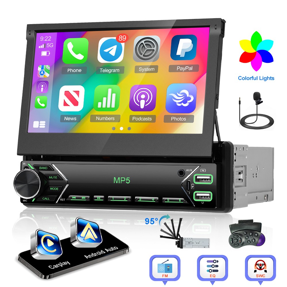 Single 1DIN 7″ Car Stereo Radio Wired Carplay Flip out Player BT Touch Screen