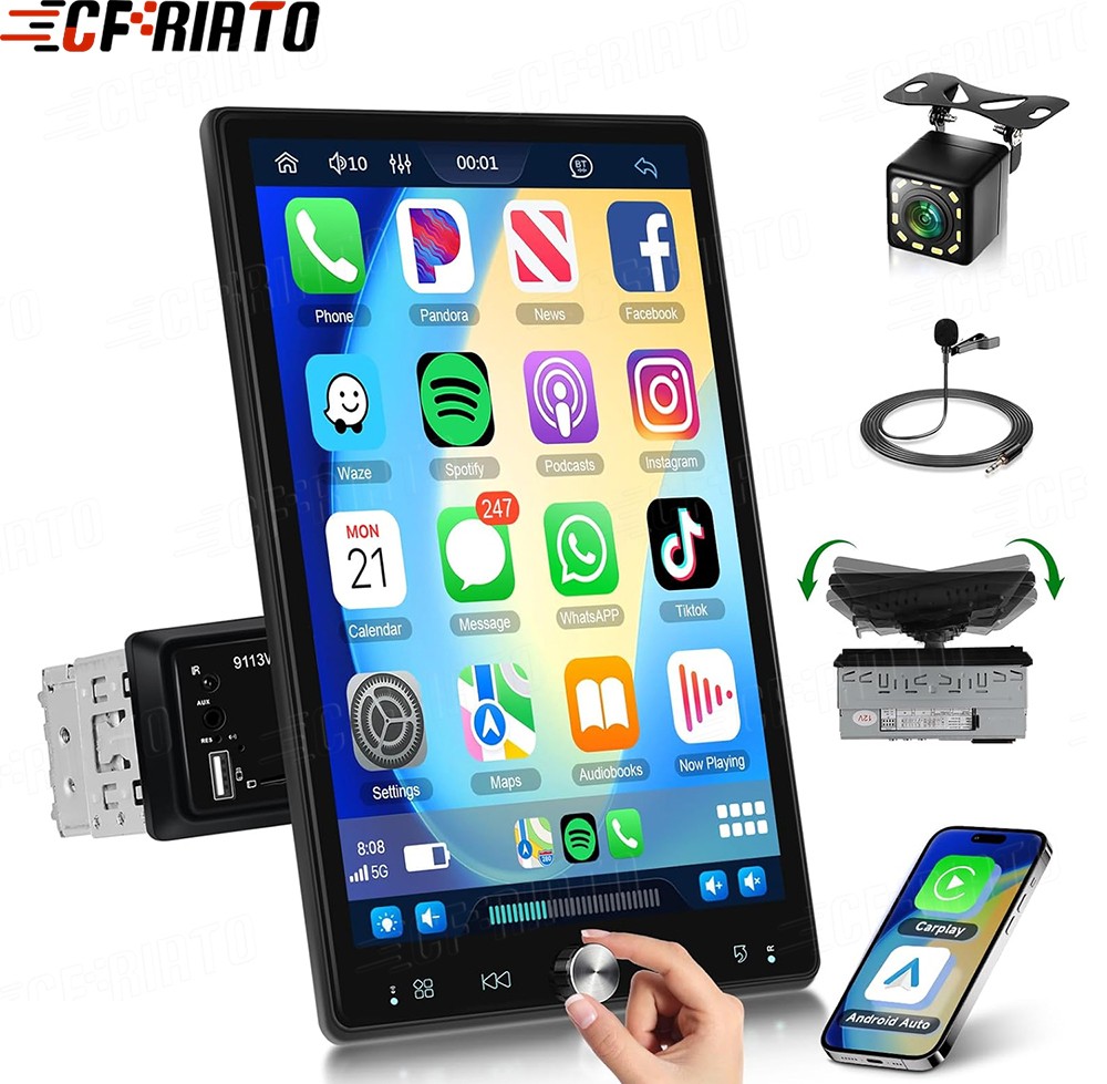 Single 1Din Touch Screen Car Radio Wireless Carplay Android auto Vertical+Camera