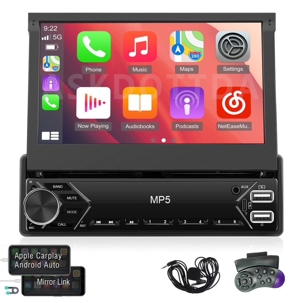 7″ Single 1DIN Car Radio Stereo Carplay Touch Screen Flip out Player Bluetooth