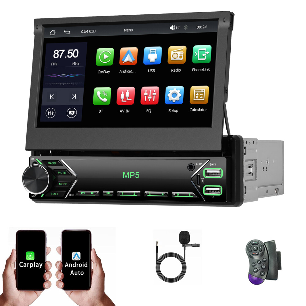 Single 1DIN 7″ Car Stereo Radio Apple Carplay Android Auto GPS Flip Out Screen