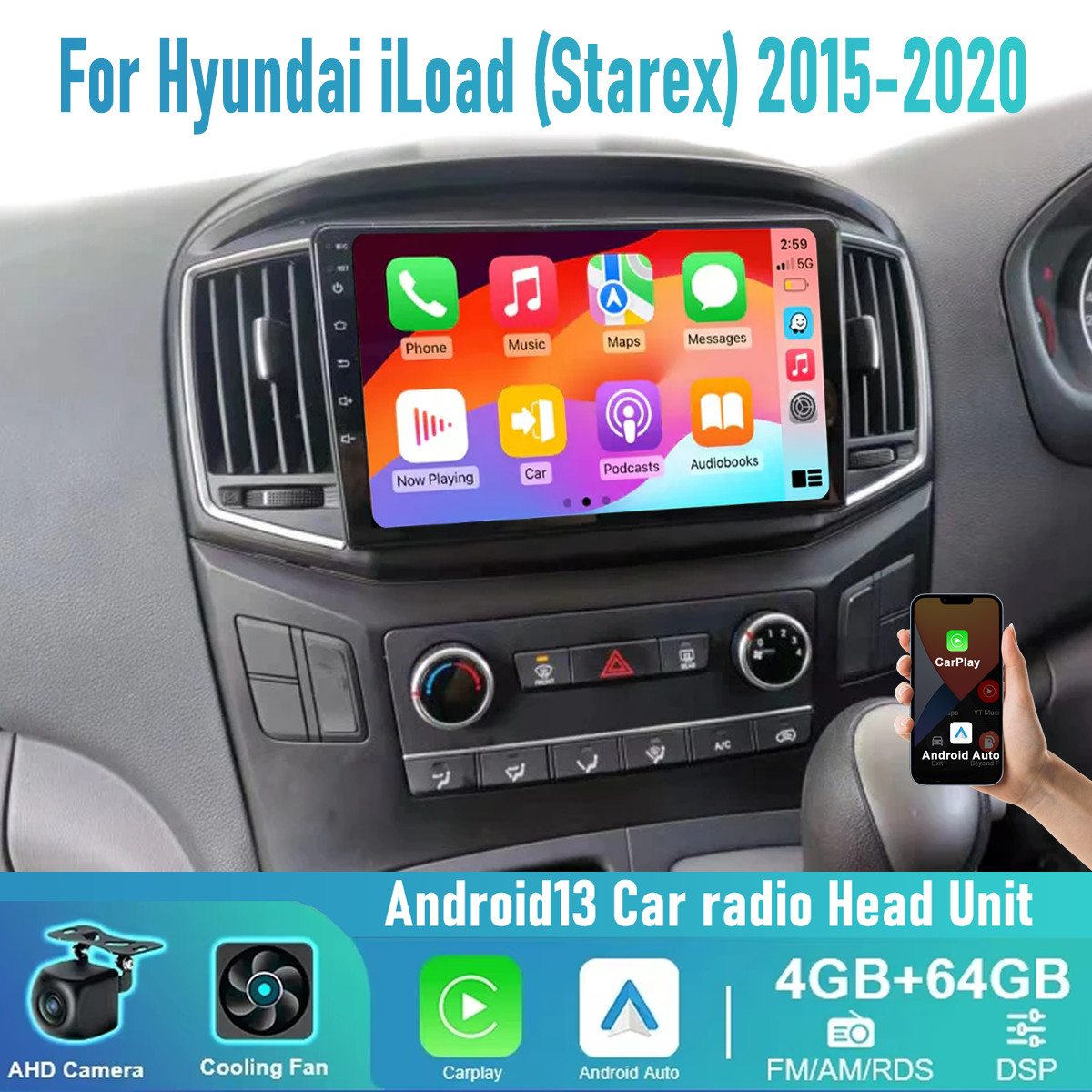 Camera Wireless CarPlay Android Auto Head unit For Hyundai iLoad iMax 2015-2022