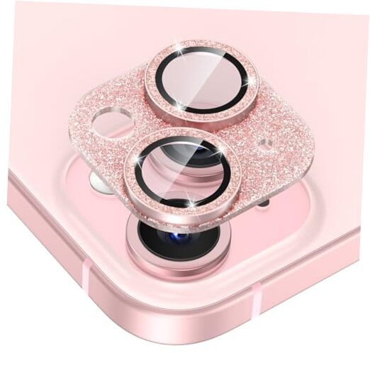 for iPhone 15 / iPhone 15 Plus Camera Lens Protector, Metal Pink Glitter