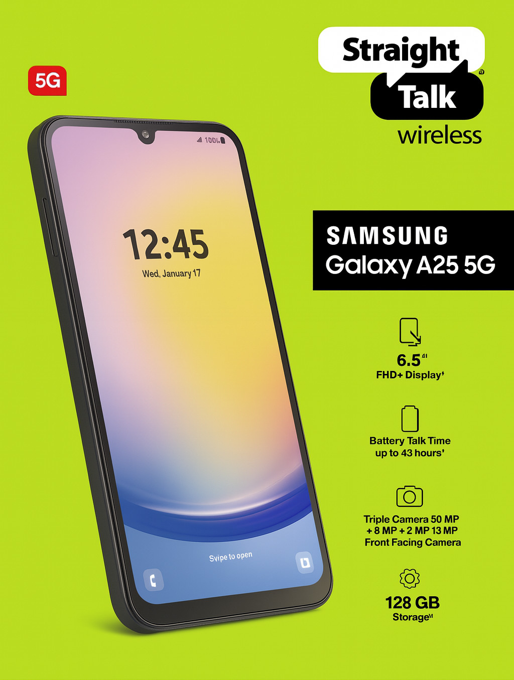 New Samsung Galaxy A25 128GB 5G Smartphone 50MP (Black) For Straight Talk