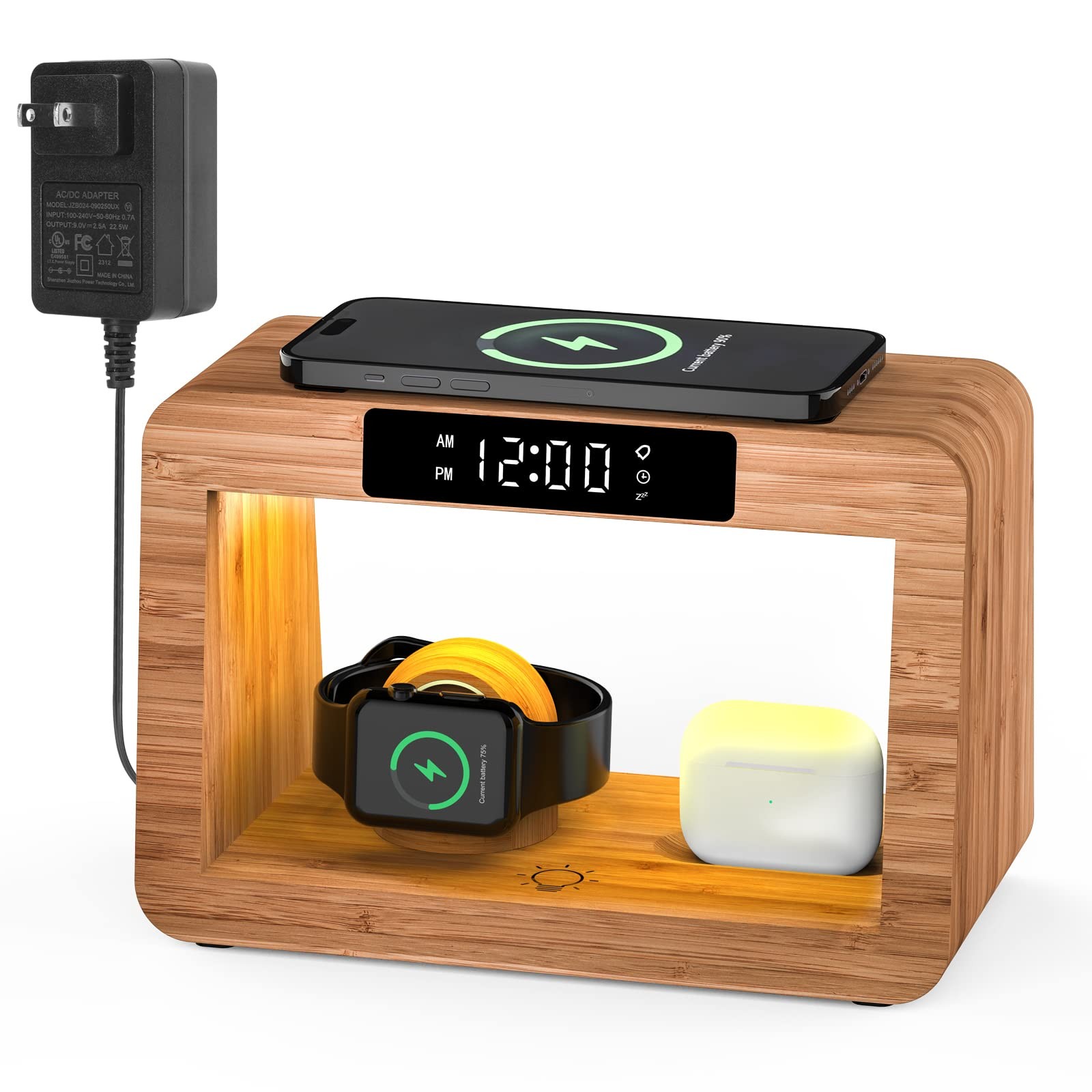 Bamboo Wireless Charging Station, Night Light with Digital Alarm Clock, Night…