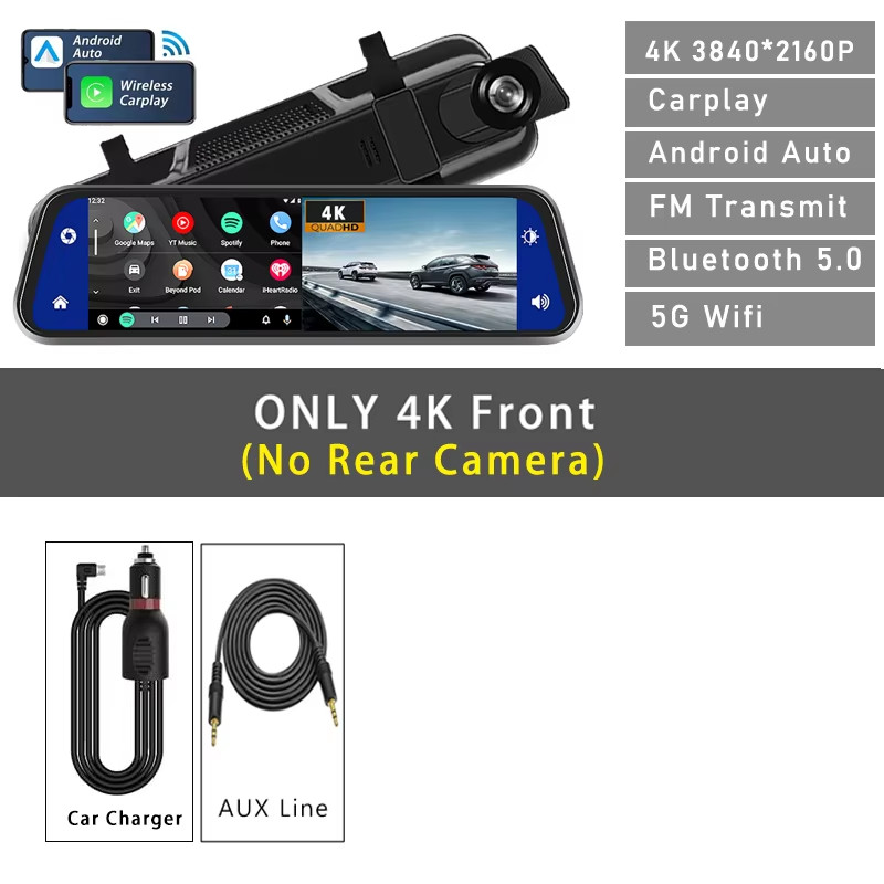 10″ Dash Cam 4K 3840*2160P Car Dvr Carplay Android Auto GPS 5G WIFI AUX Stream R