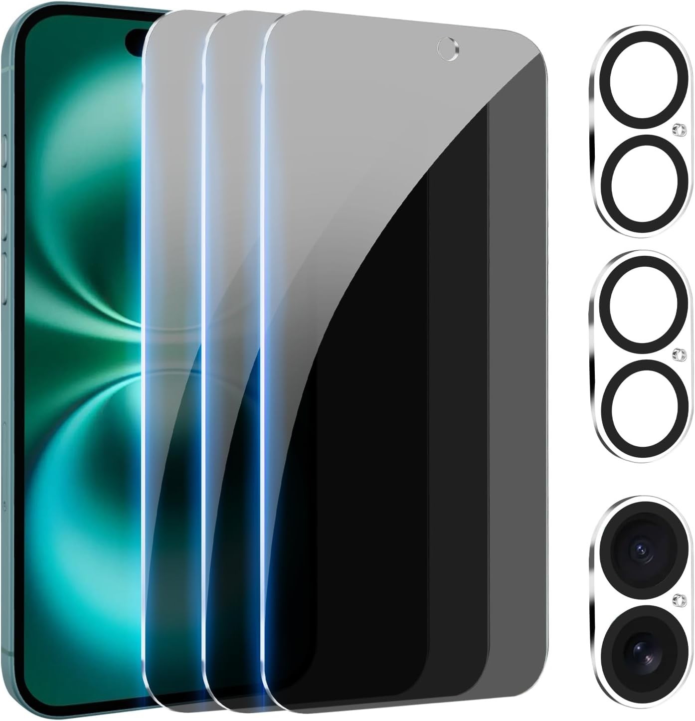 For iPhone 16, 3+3 Pack Privacy Screen Protector & Camera Lens Protector 9H Hard