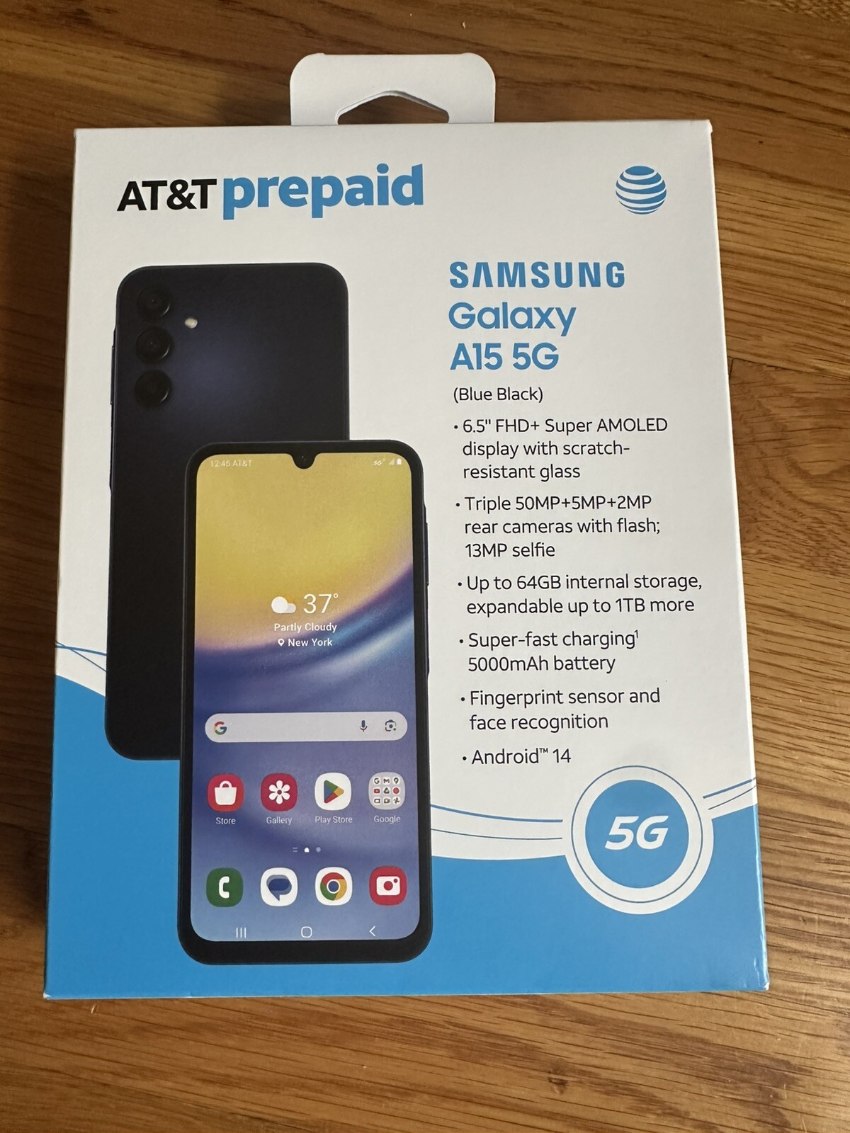 New/Sealed – AT&T Samsung Galaxy A15 5G, 64GB, Blue Black – Prepaid Smartphone