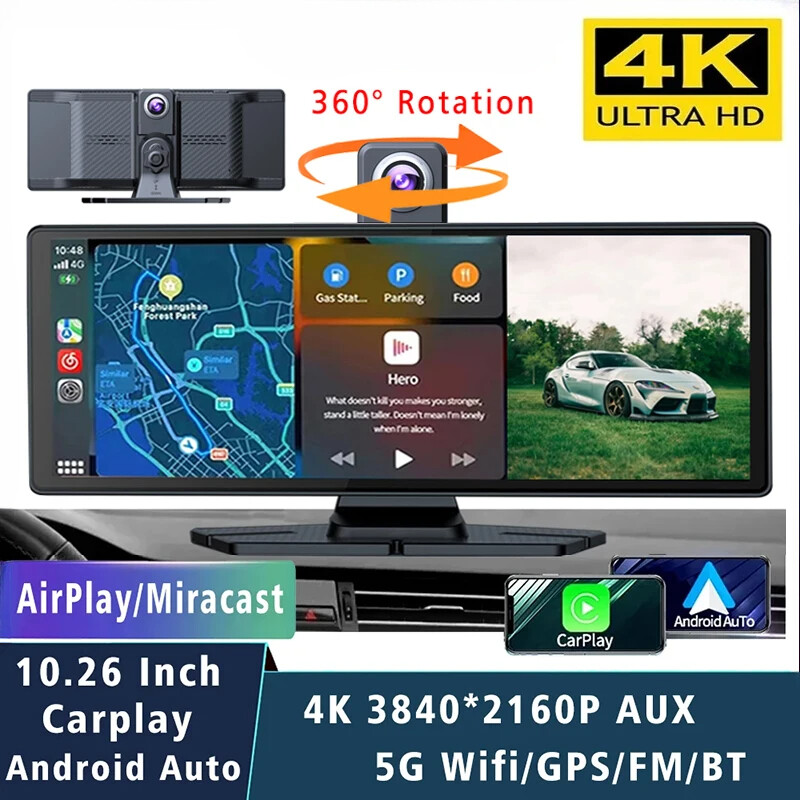 10.26″ Dash Cam 4K 2160P Carplay Android Auto Car DVR 5G Wifi GPS FM