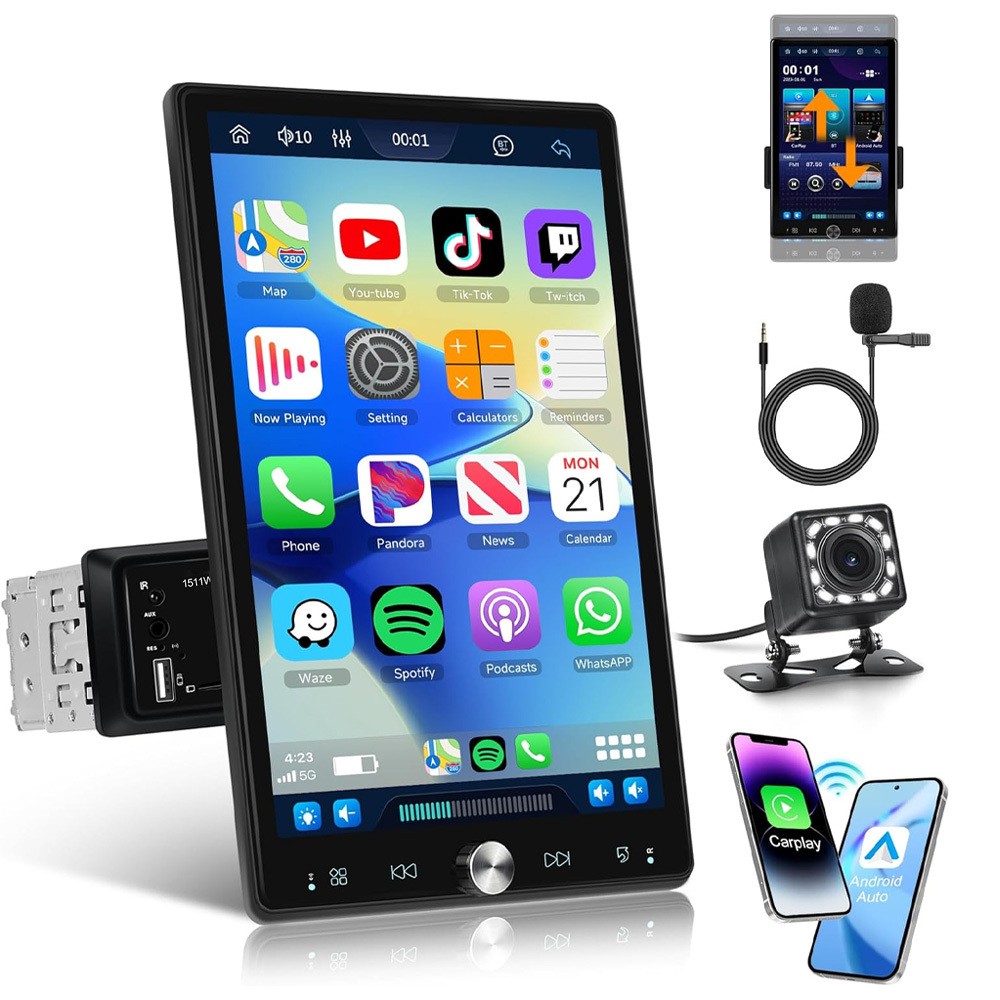 Single 1Din Touch Screen Car Radio Wireless Carplay Android auto Vertical+Camera