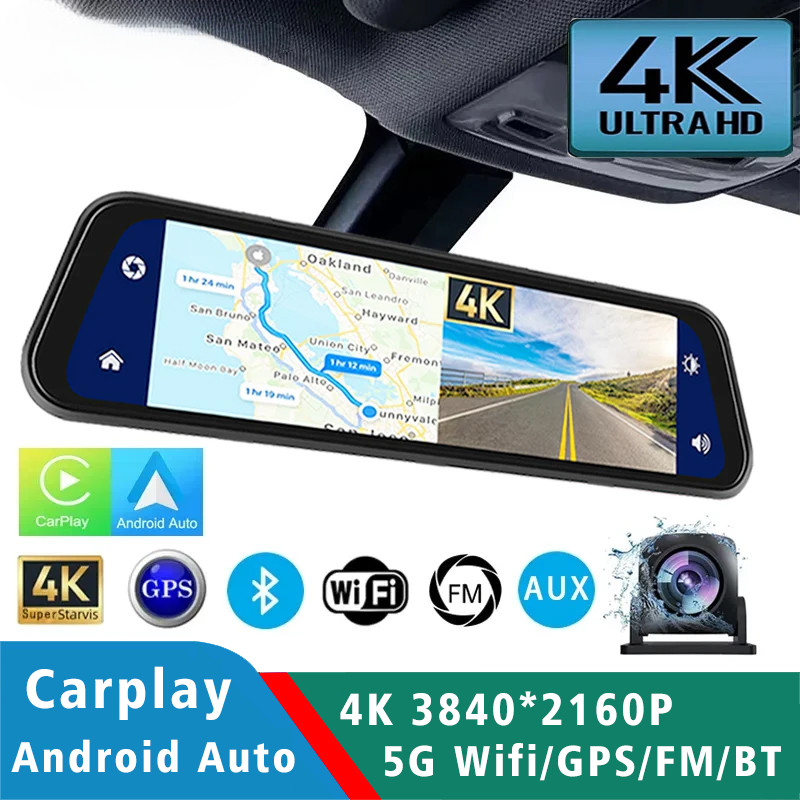 Dash Cam 4K 2160P Car DVR Carplay Android Rear View Mirror Drive Recorder