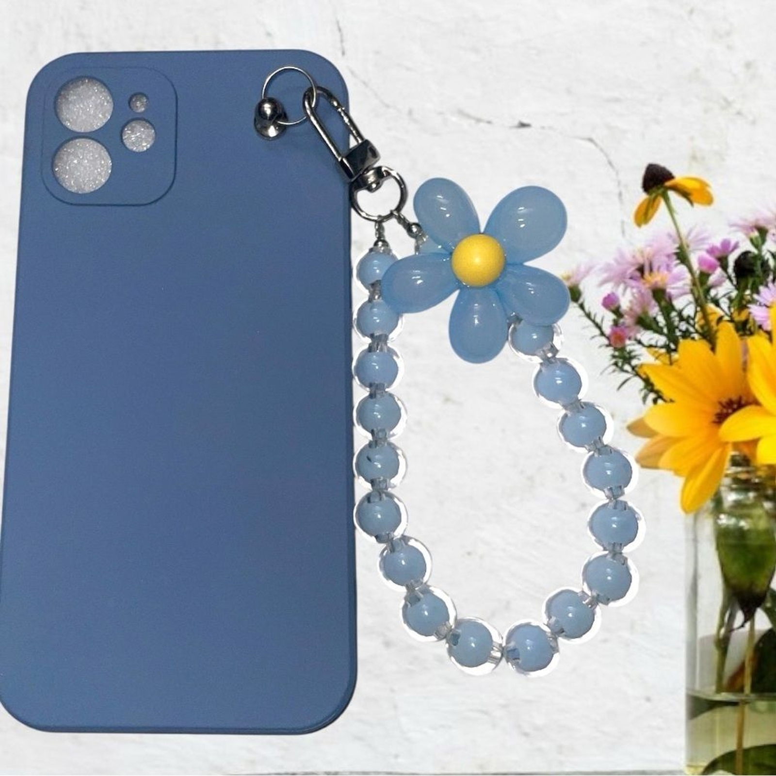 Blue Phone Case iPhone 12 With Bead And Flower Wristband protector silicone new