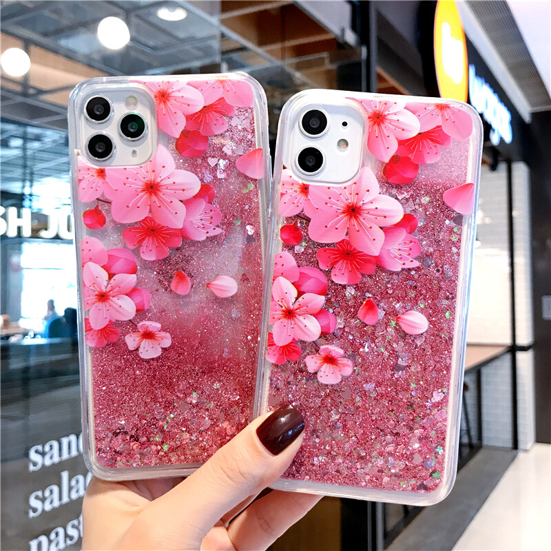 Peach Blossom Liquid Bling Quicksand Case For iPhone Samsung XiaoMi Huawei