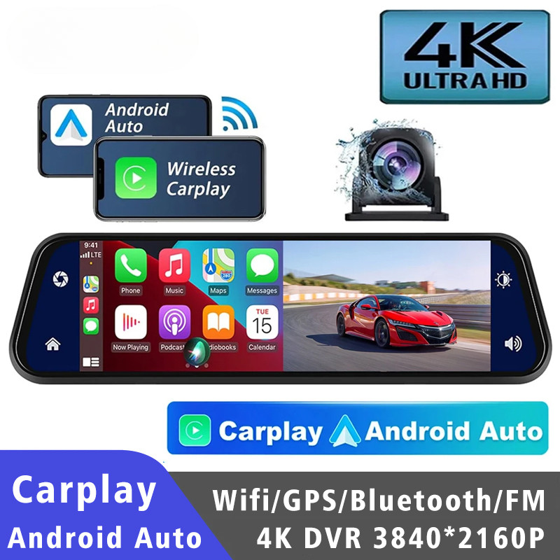 10Inch 4K 2160P Car DVR Carplay Android Dash Cam Rear View Mirror Drive Recorder