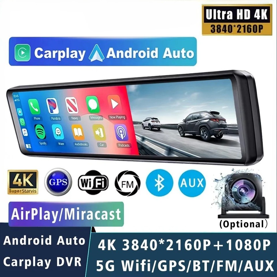 11.26″ 4K 2160P Car Dvr Carplay Android Auto Dash Cam GPS WIFI BT FM Stream