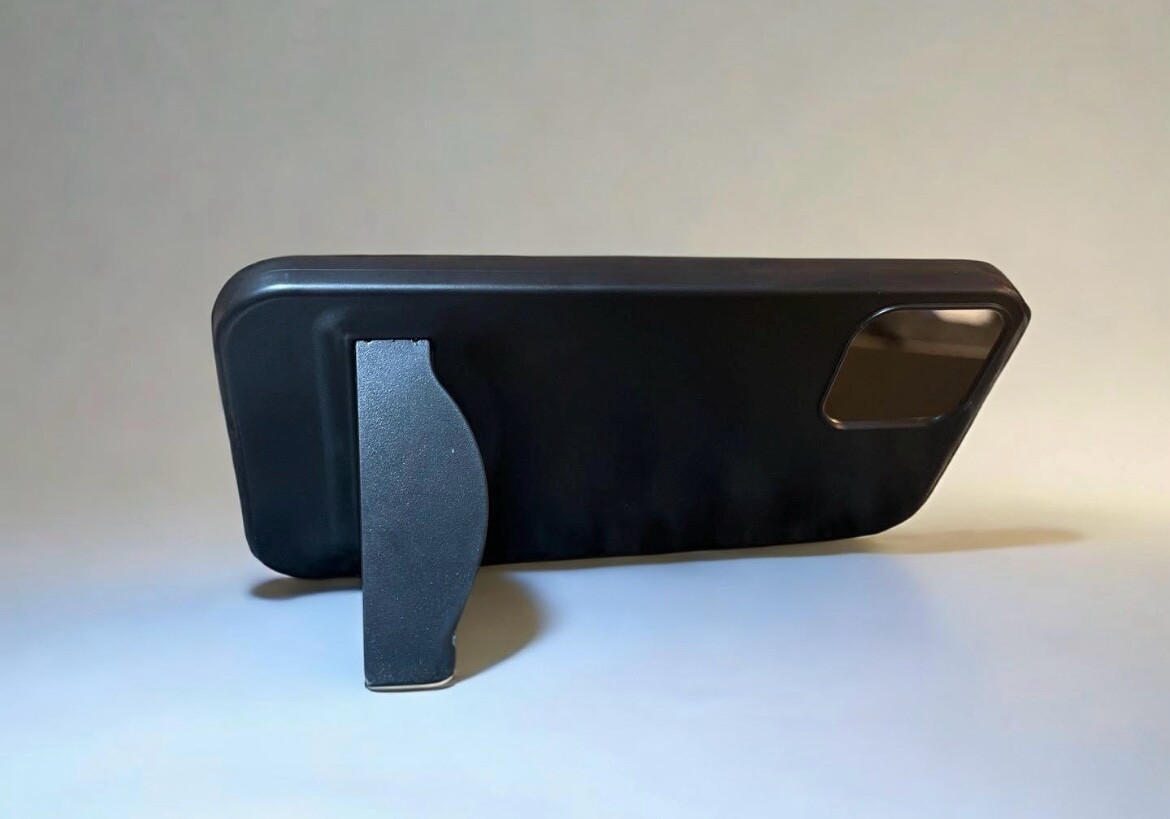 iPhone 12 case, solid black color, with kickstand