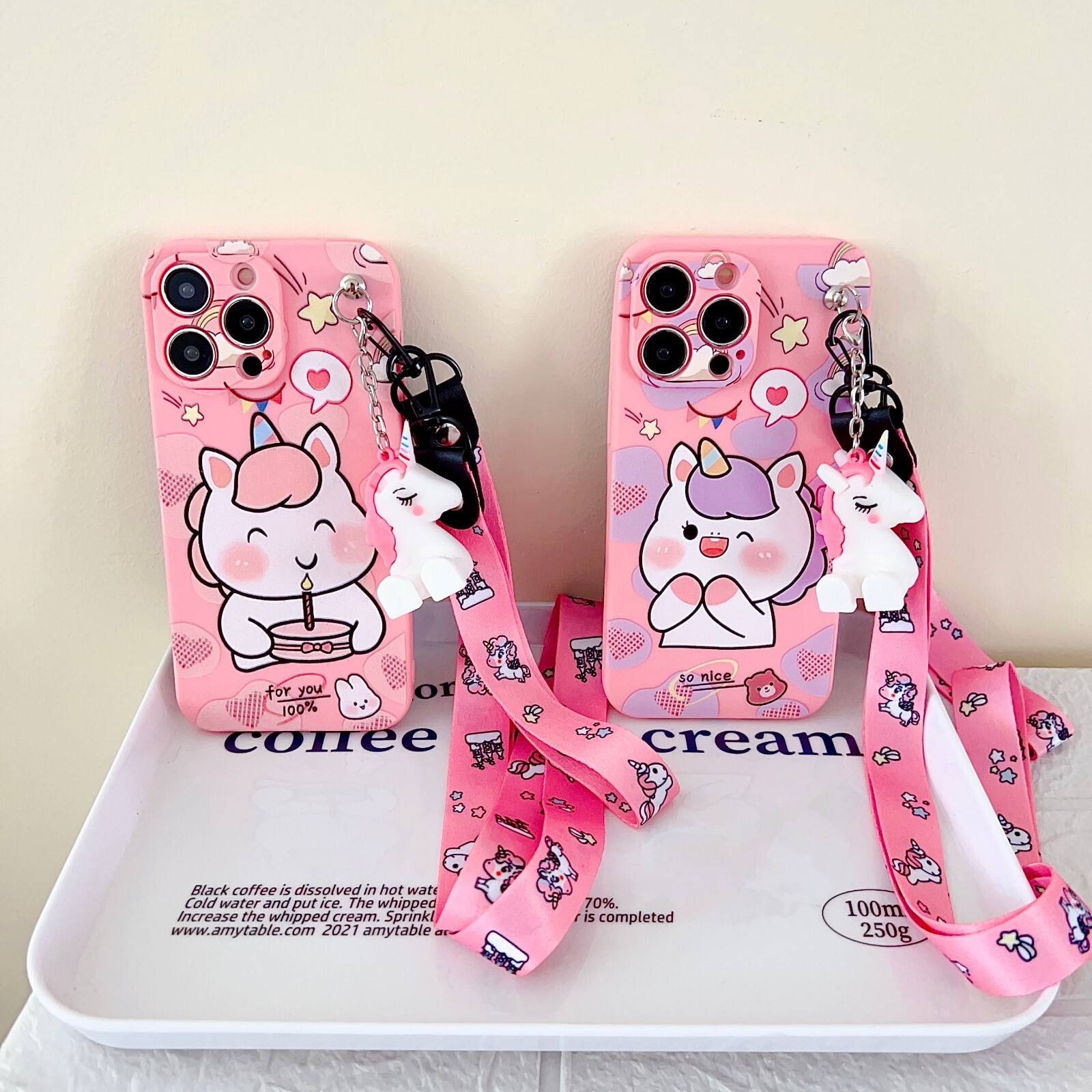 For Various Phone 3D Cute Cartoon Unicorn Doll + Strap Pendant Stand Case Cover