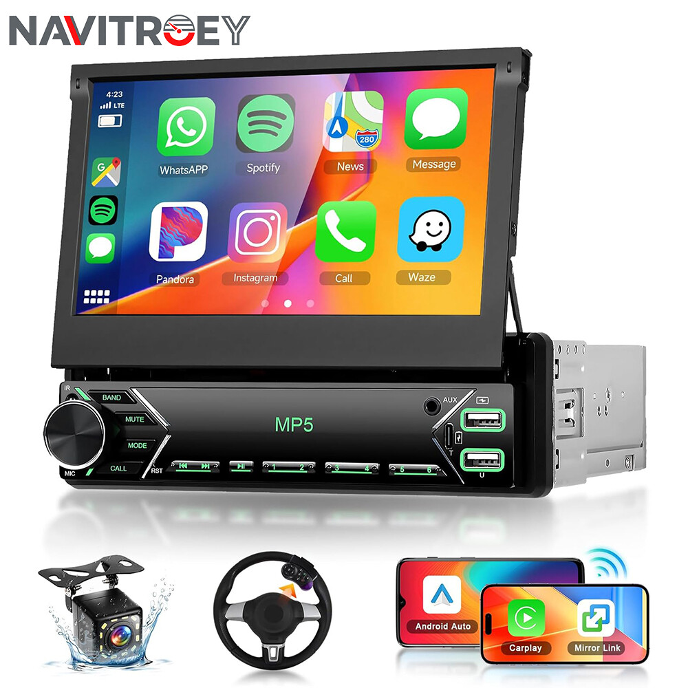 7″ Single 1 DIN Car Stereo Radio Apple CarPlay FM BT USB Flip Out Screen +Camera