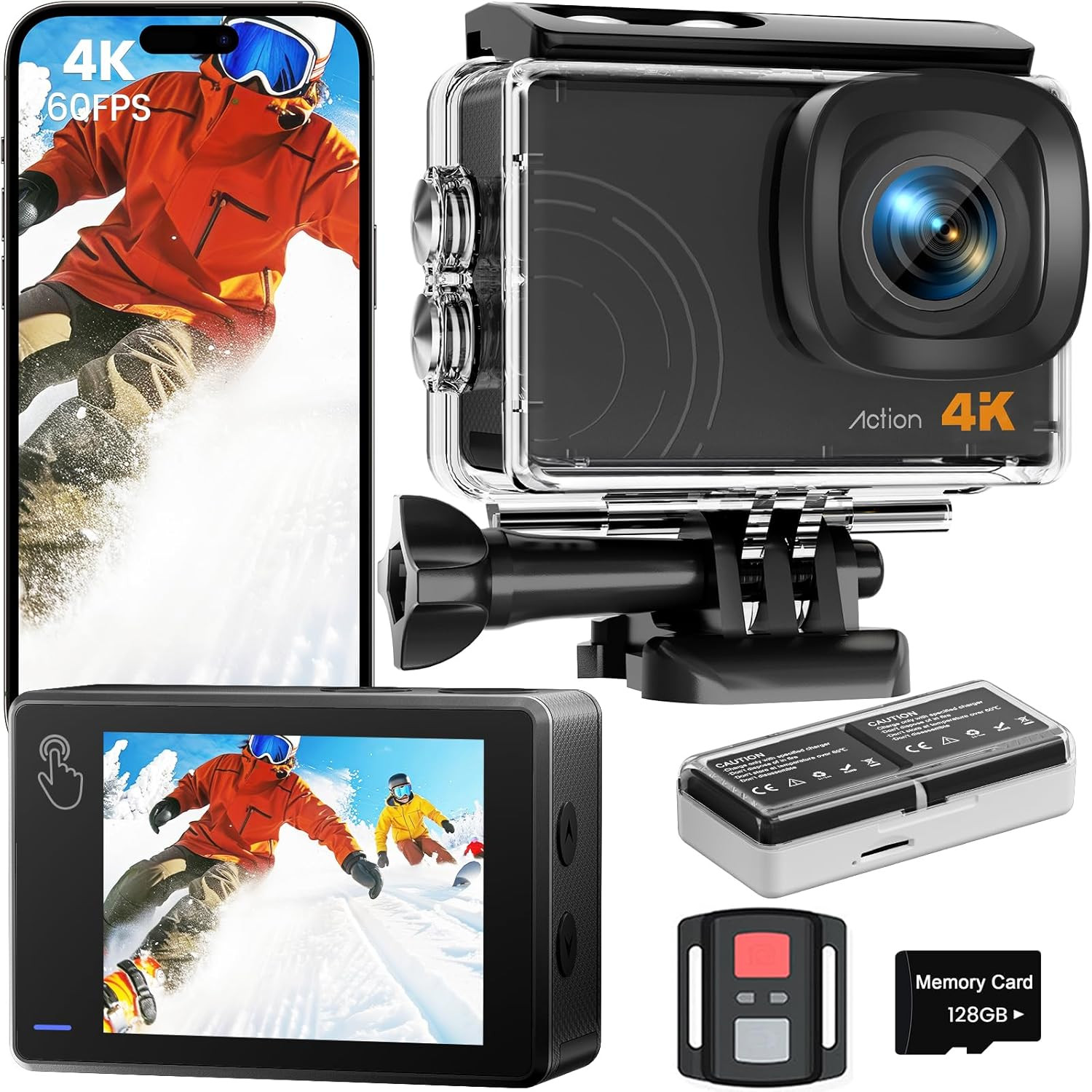 Action Camera 4K 60FPS 48MP, EIS Sports Camera with 128GB Card,131FT Underwater