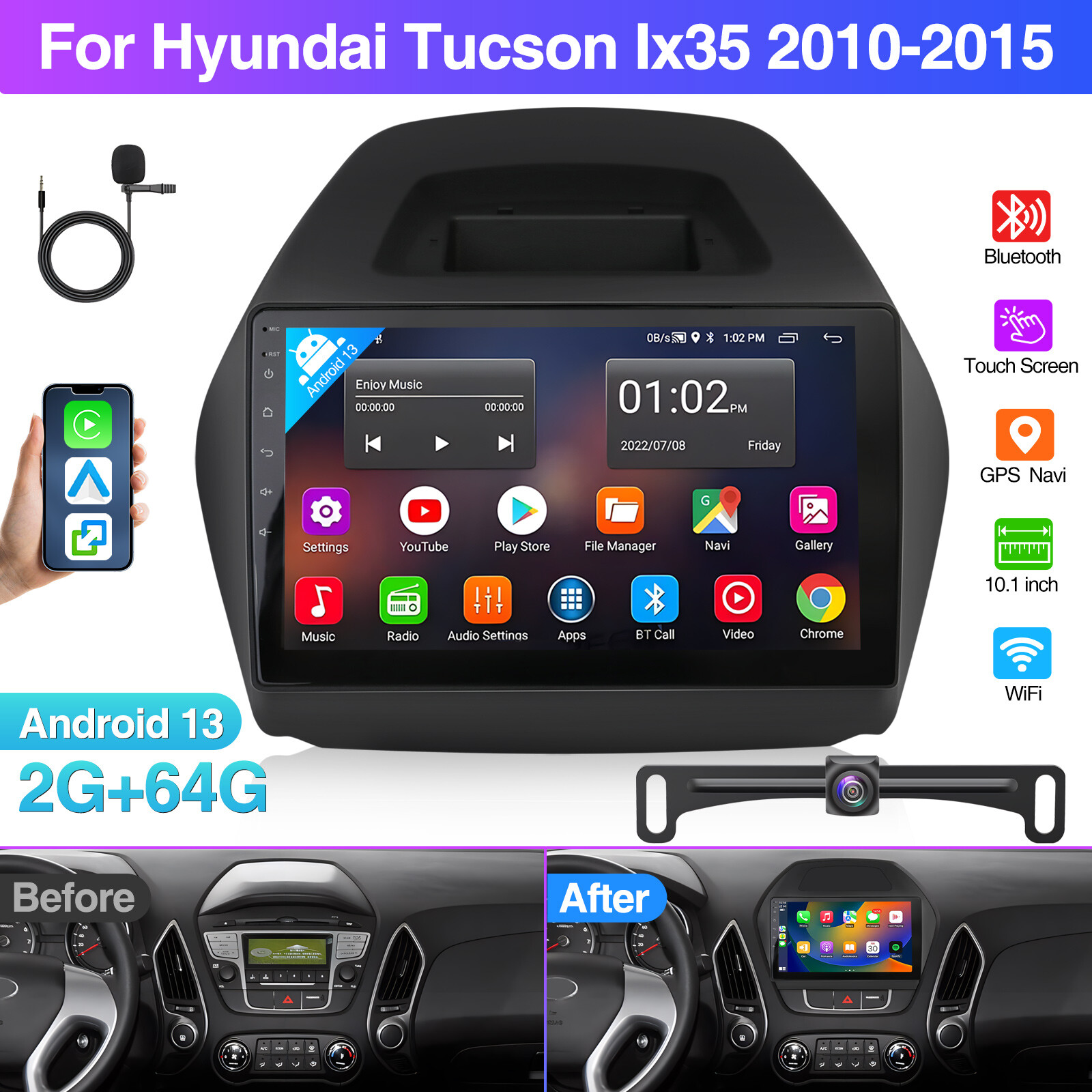 10.1″ HD 2.5D For Hyundai Tucson Ix35 2010-2015 Android 14 Car Stereo Radio