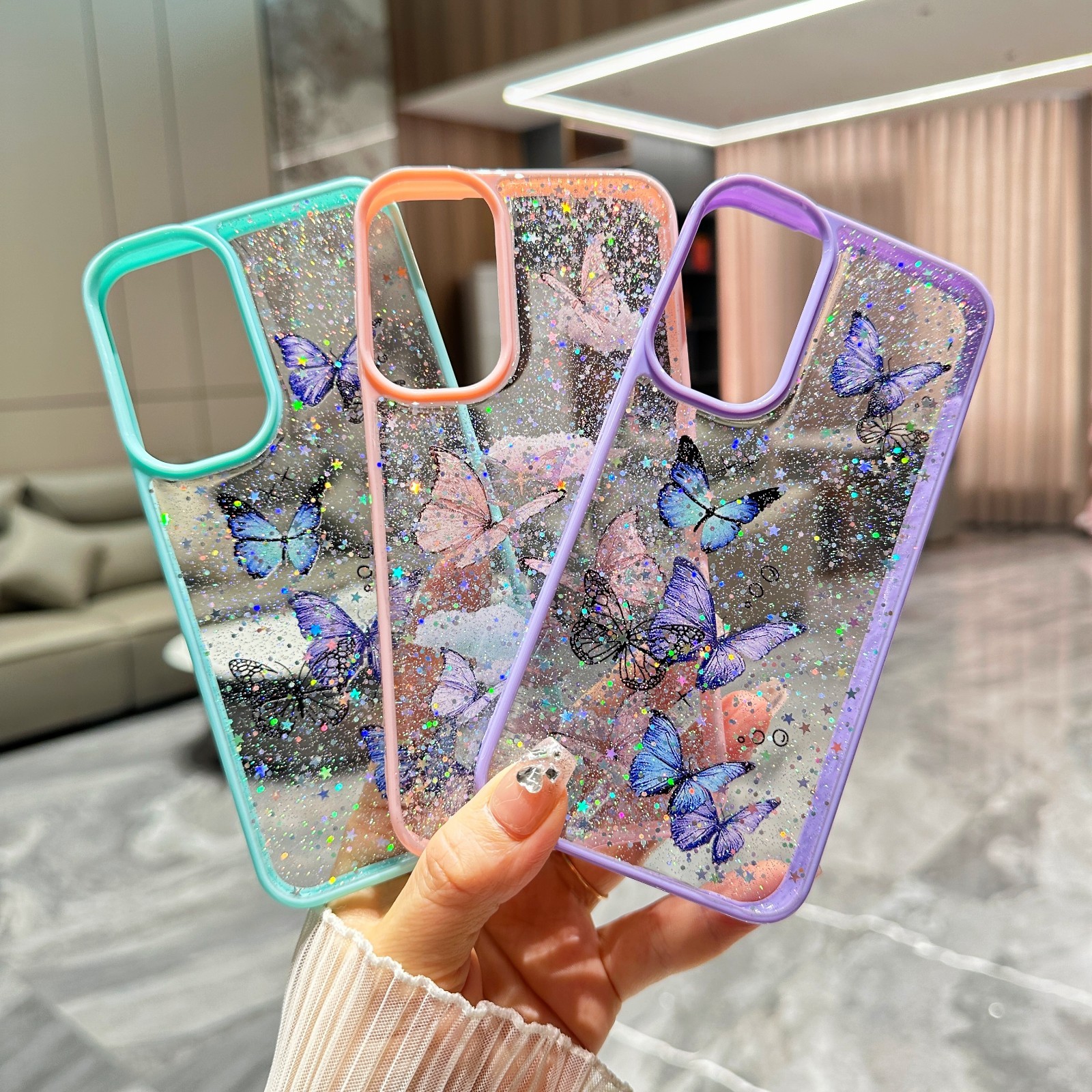 For iPhone Samsung Phone Case Liquid Glitter Bling Butterfly Anti-Fall Cover