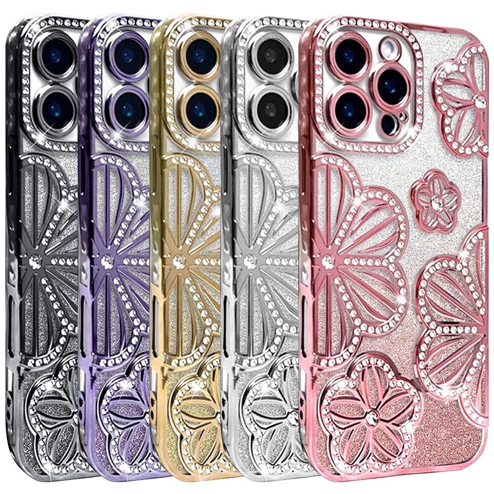 For iPhone 16 15 14 13 12 11 Pro Max Plus Electroplated Flower Glitter Case