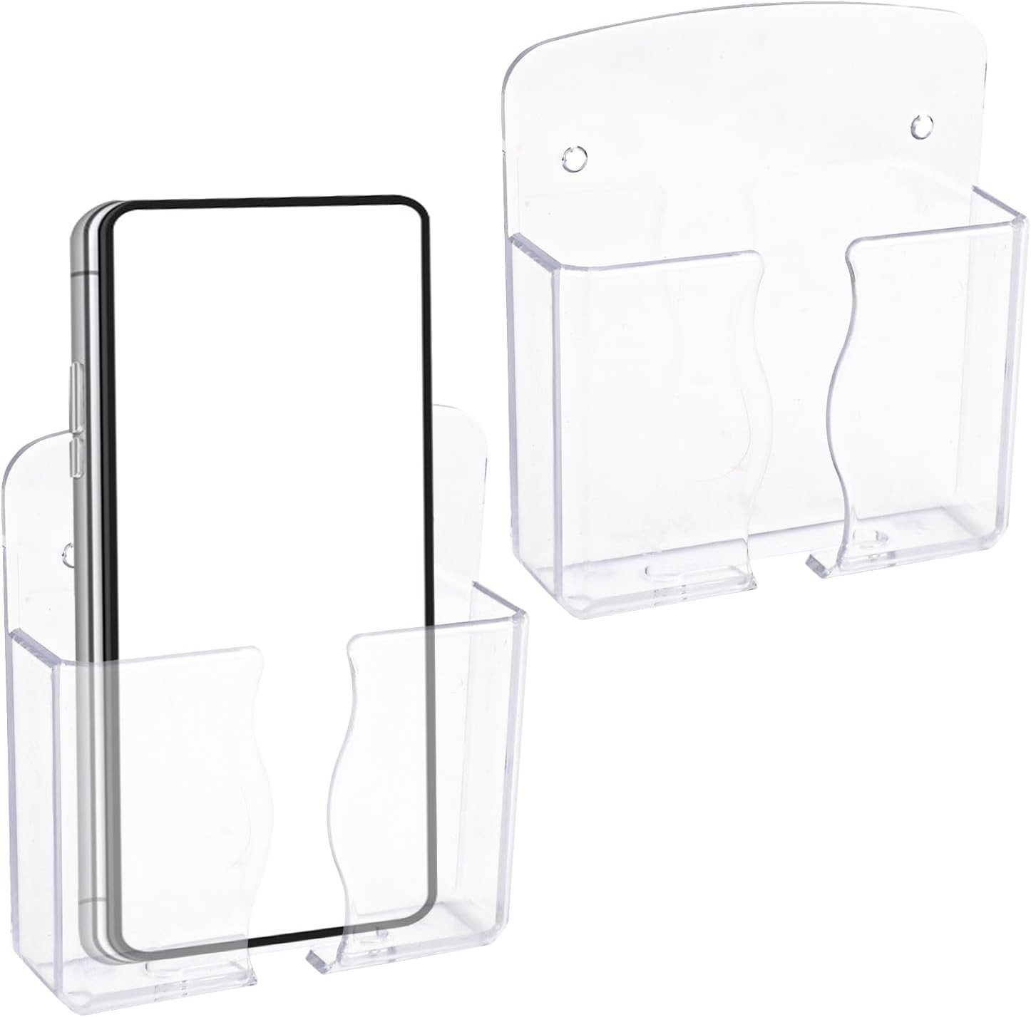 2Pcs Wall Mount Phone Holders, Clear Plastic Cell Phone Stand with Charging Hole