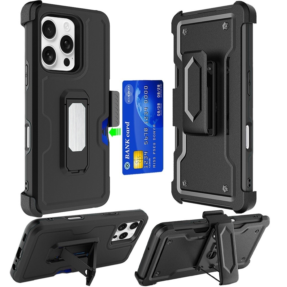 For iPhone 16 15 14 11 Pro Max Plus XR Case Card Holster W/Stand Belt Clip Cover